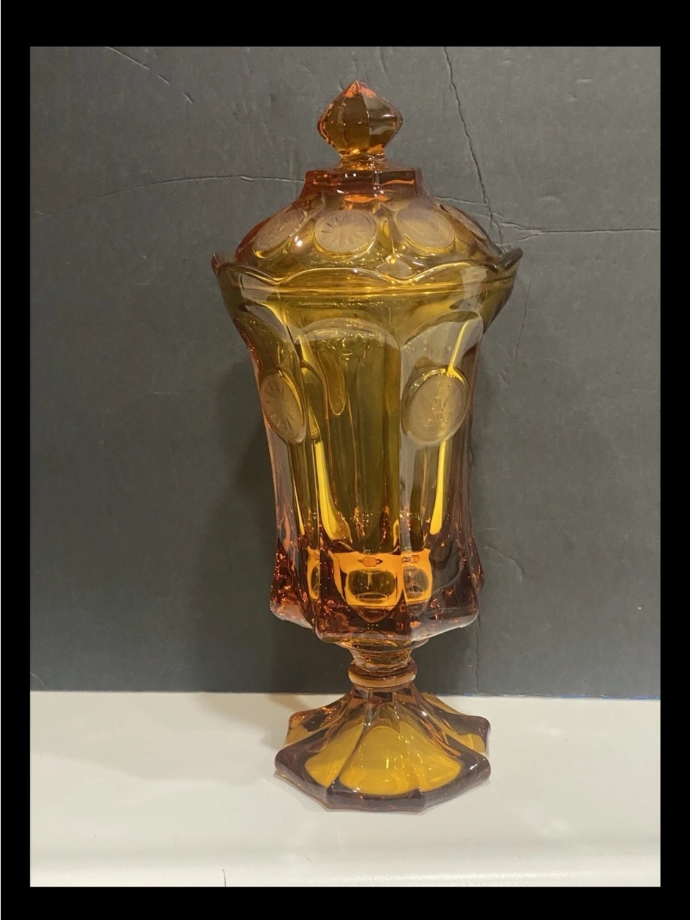 Vintage Fostoria Coin Glass Amber Footed Candy Jar with Lid  13"